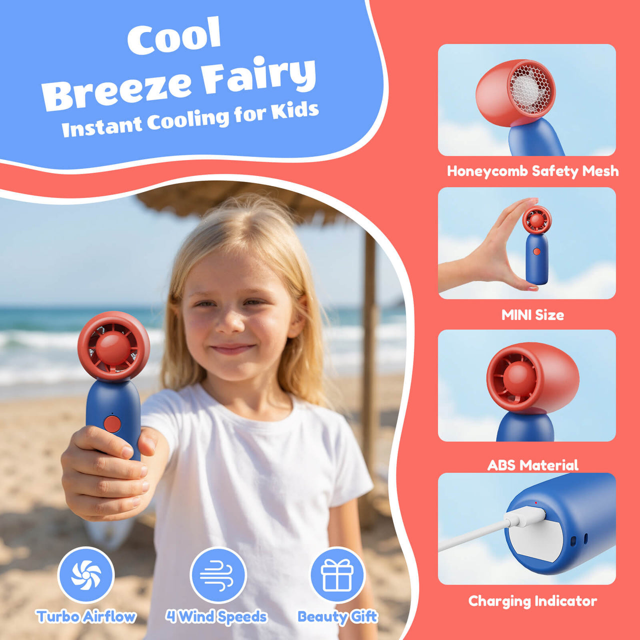 SprzAir 4000mAh Turbo Handheld Fan for Kids – 4 Speeds & Dual Lanyard