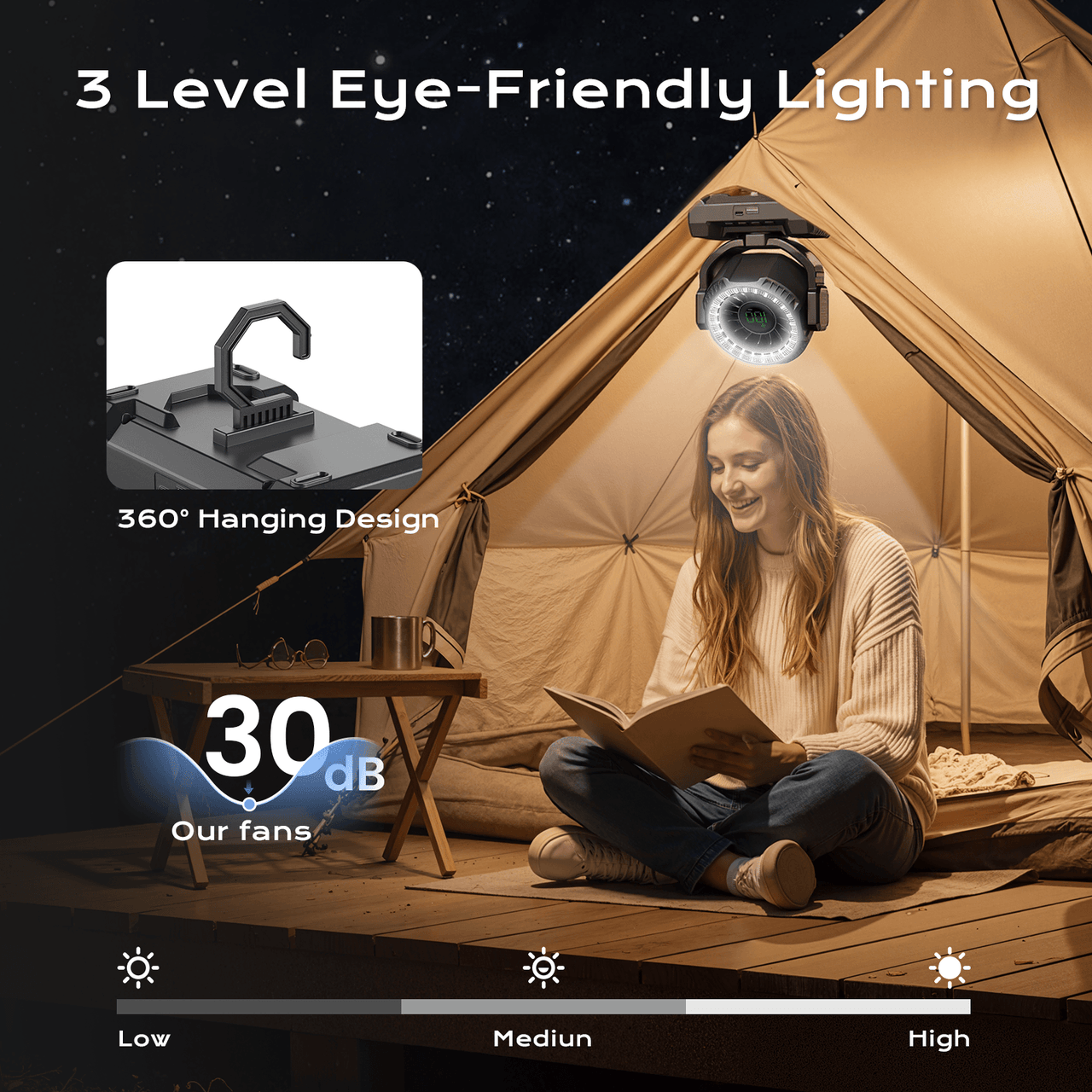 SprzAir 6000mAh Rechargeable Camping Fan – 120° Oscillation & LED Lantern