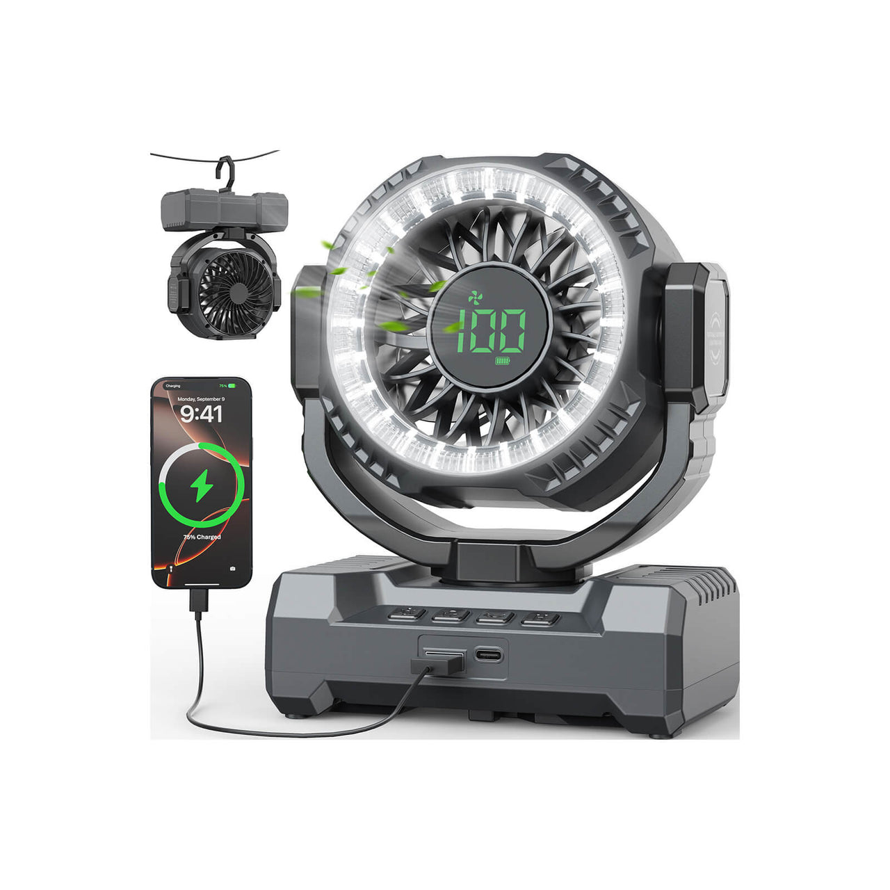 SprzAir 6000mAh Rechargeable Camping Fan – 120° Oscillation & LED Lantern