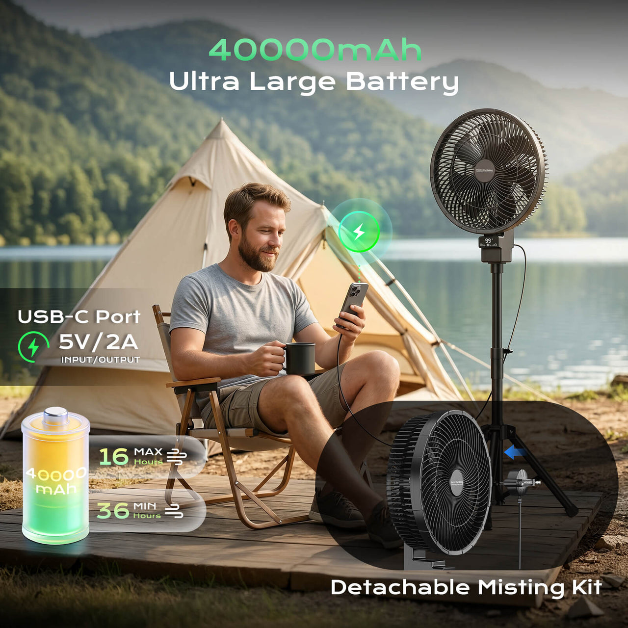 SprzAir 20000mAh Rechargeable Misting Pedestal Fan – Oscillating & Mister Kit