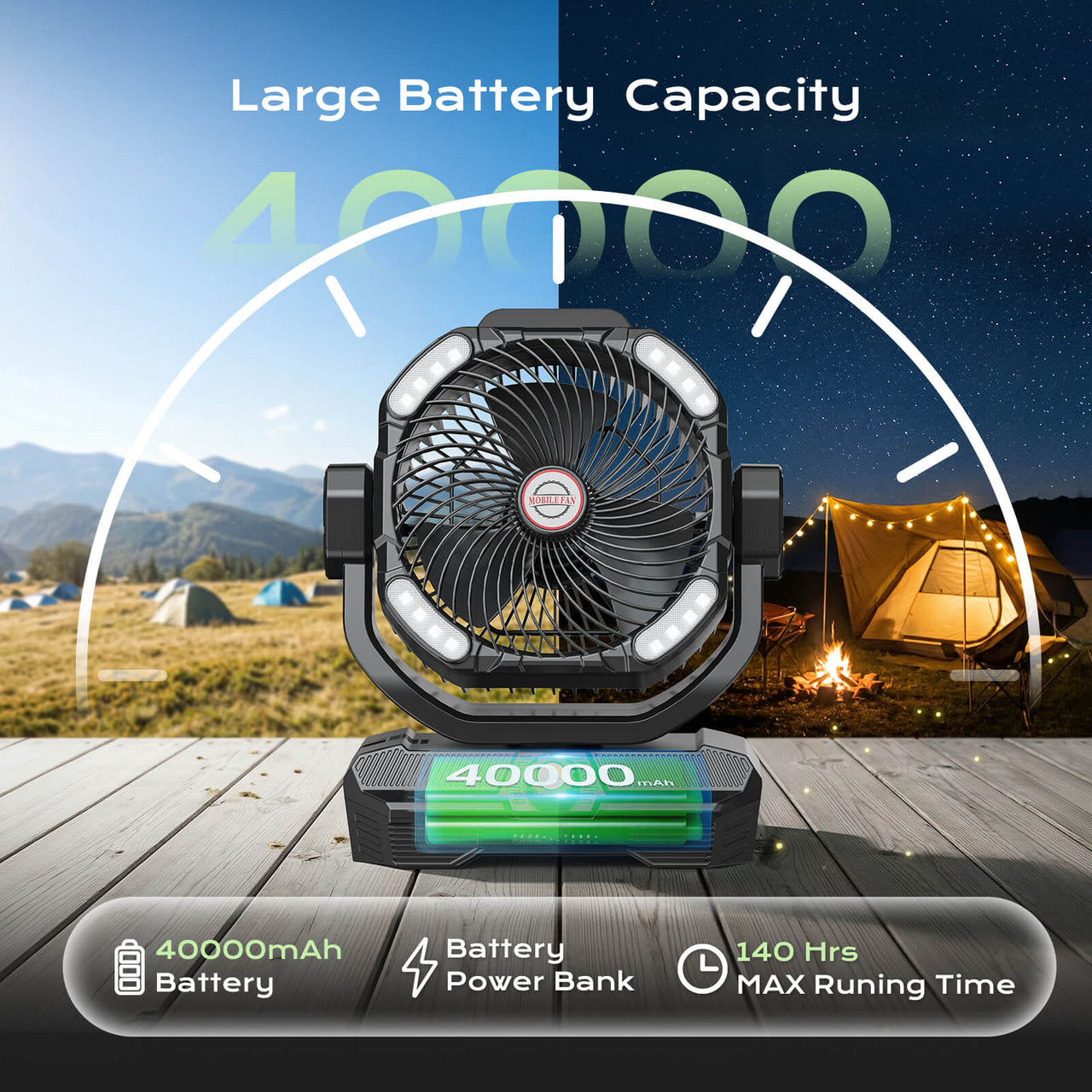 SprzAir 15-inch Rechargeable Oscillating Camping Fan – 27000mAh, Remote Control & Night Light