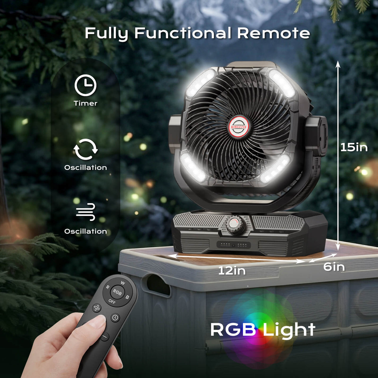 SprzAir 15-inch Rechargeable Oscillating Camping Fan – 27000mAh, Remote Control & Night Light