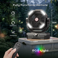 Thumbnail for SprzAir 15-inch Rechargeable Oscillating Camping Fan – 27000mAh, Remote Control & Night Light