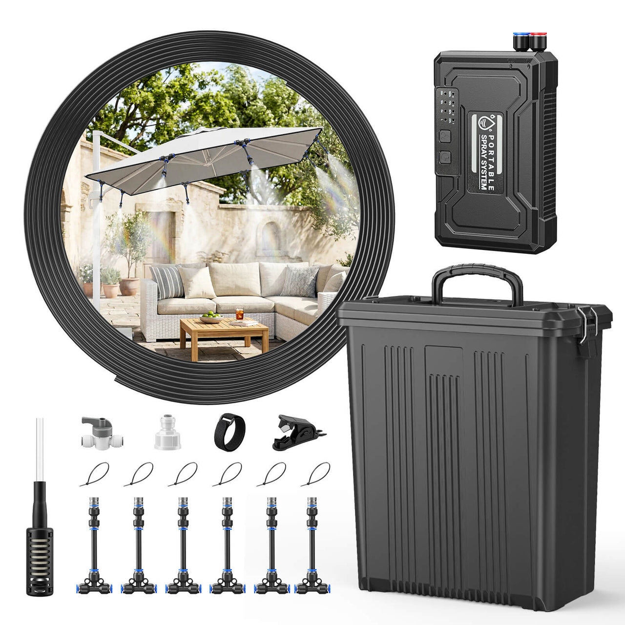 SprzAir 4 Gal Umbrella Misting System – 15000mAh Rechargeable Pump & 33FT Hose